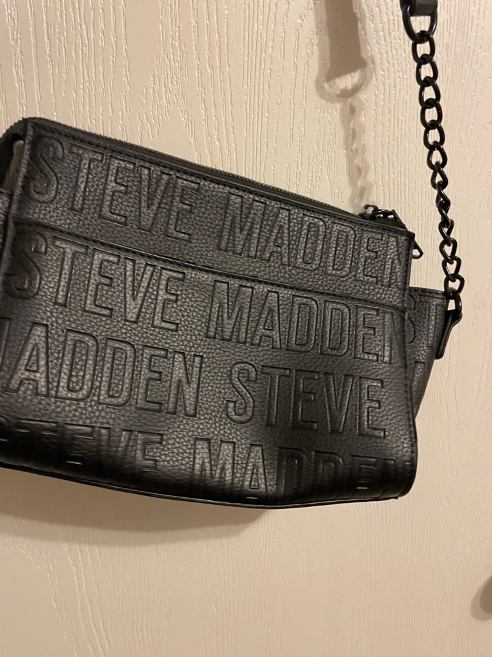 Steve Madden Black Embossed Logo Belt Bag with Chain Strap